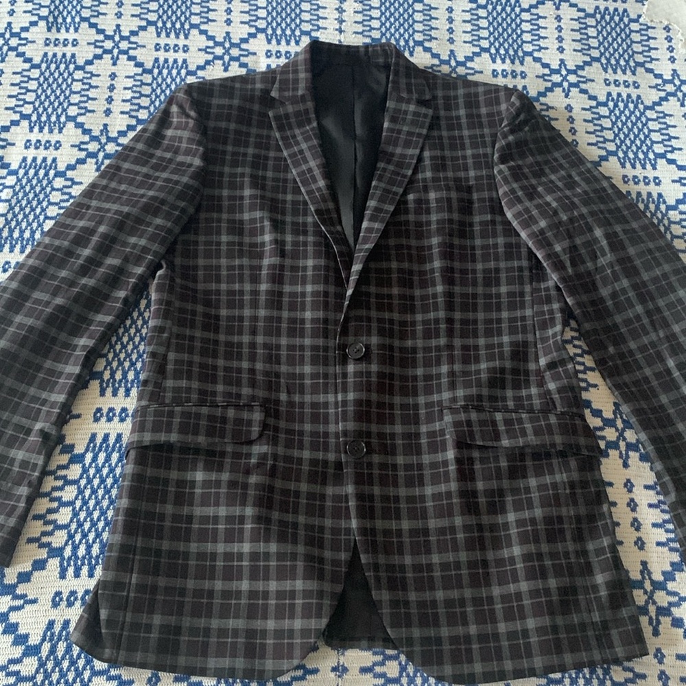 Mens Reaction Kenneth Cole Black/Grey Plaid Sport Coat 38L